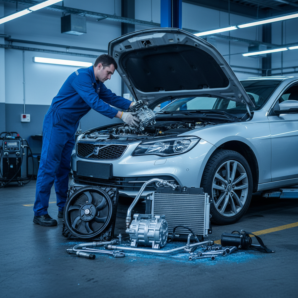 Mechanic working on car air conditioning compressor replacement