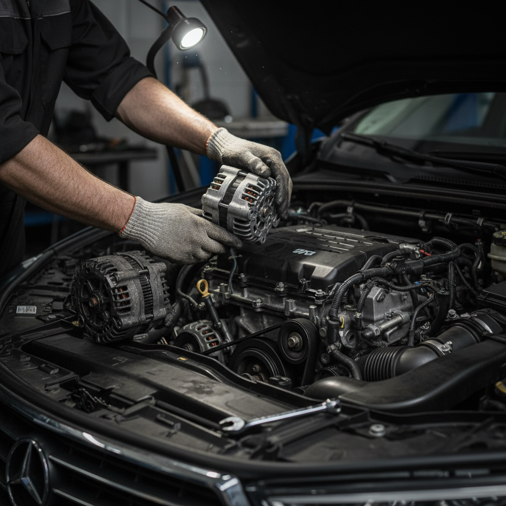 Mechanic replacing a car alternator in an engine bay