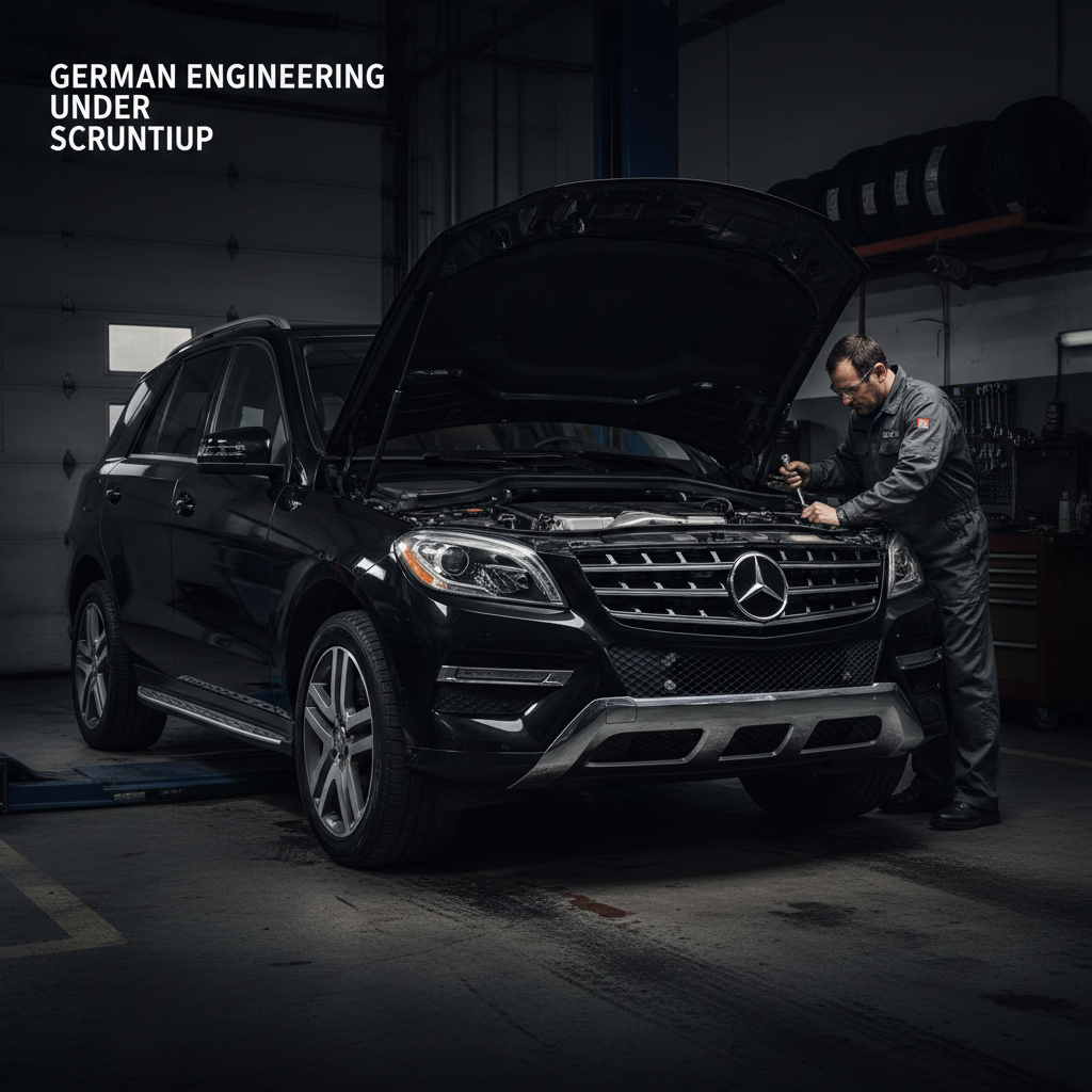 Mercedes ML350 SUV being inspected by a mechanic in a repair shop garage